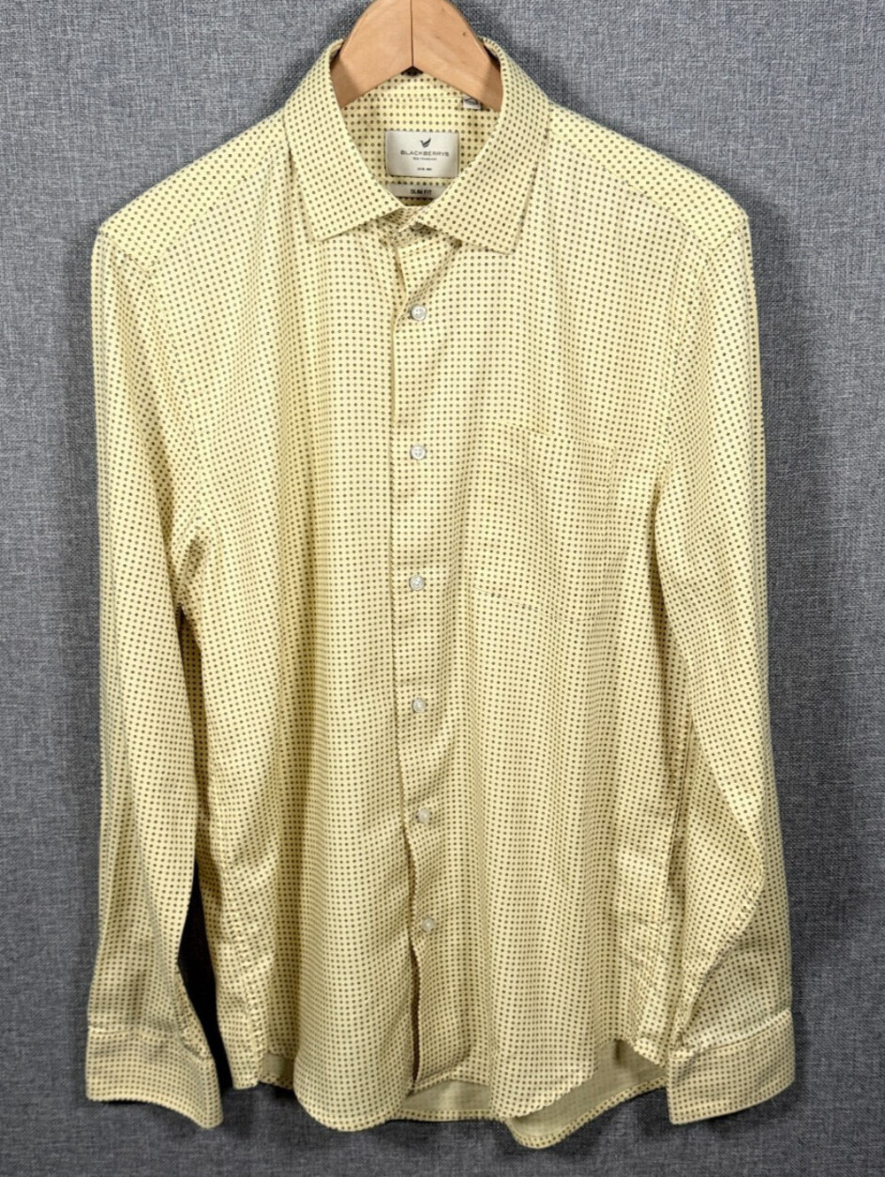 BlackBerrys Slim Fit Shirt Mens L 40 Yellow Micro Geometric Cotton Button Up